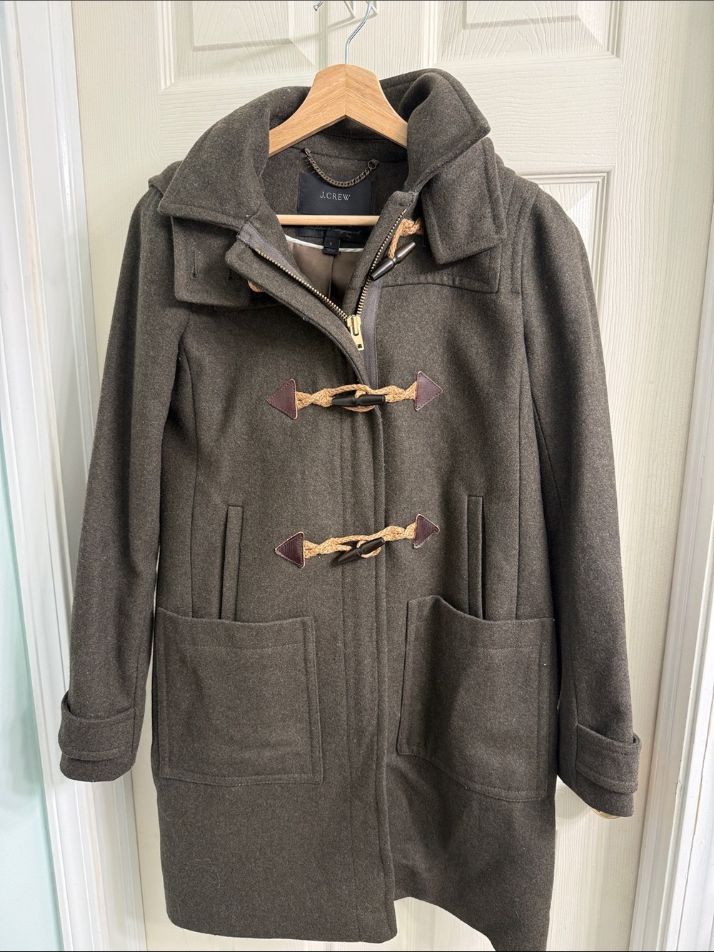 J. Crew Olive Green Melton Wool Toggle Pea Coat